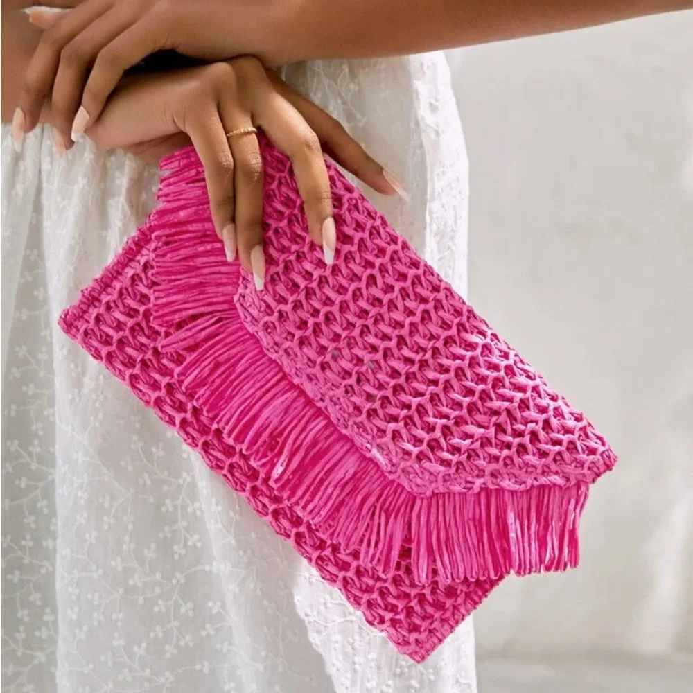 NWT Barbie Core Pink Fringe Straw Clutch